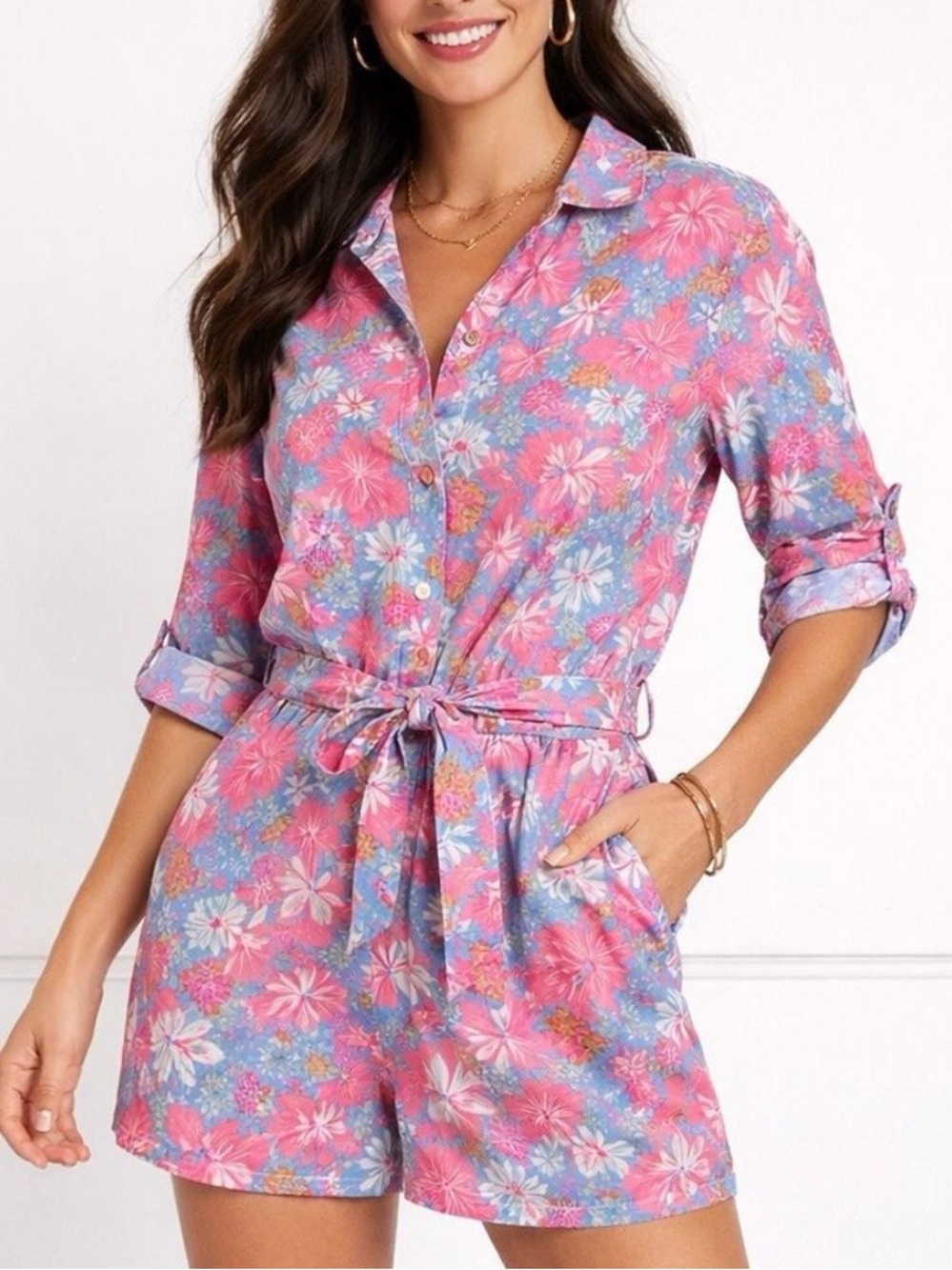 Hatley 100% Linen Floral Belted Romper L Coastal Summer Resort